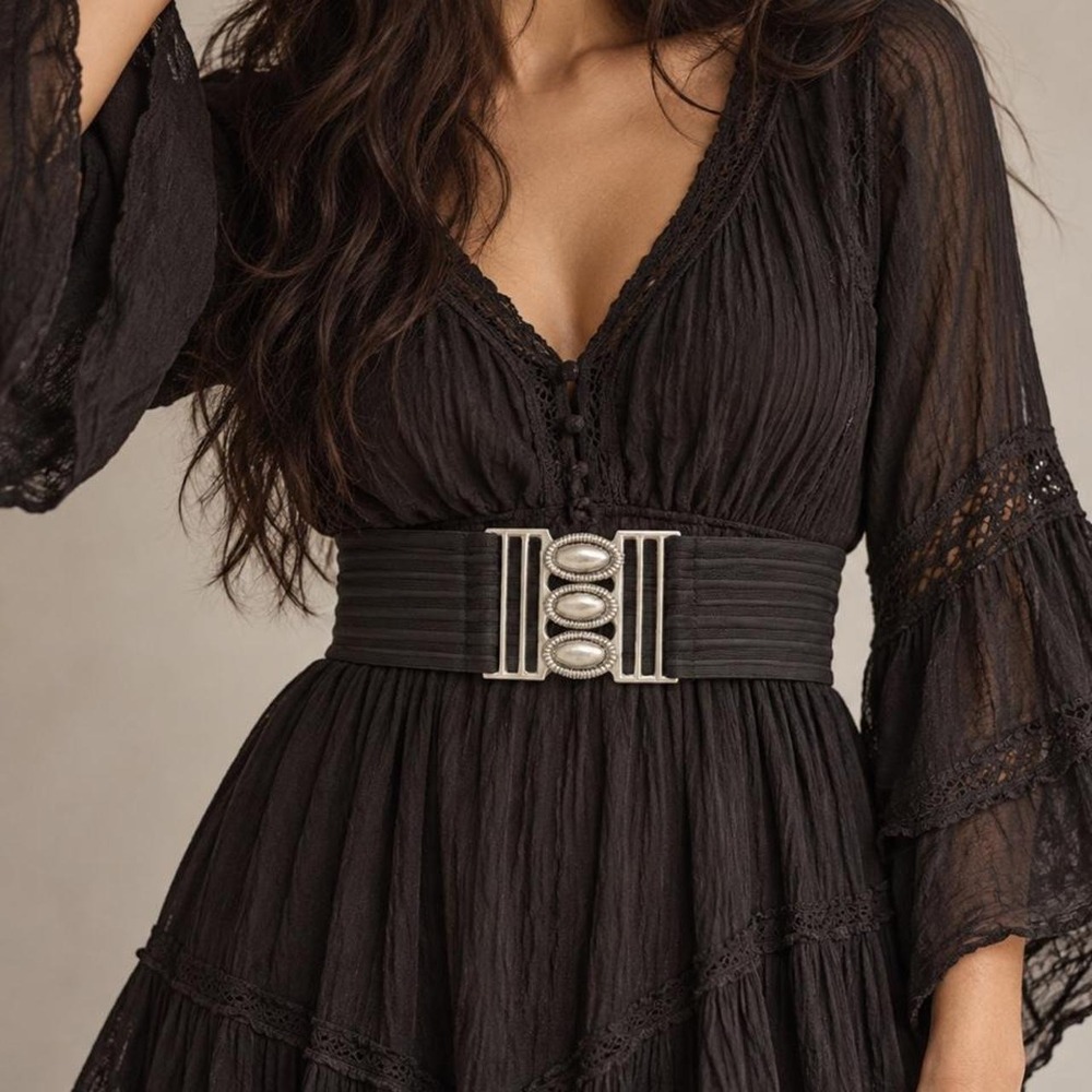 Black Stretch Waist Belt Silver Concho Western Cowgirl Boho Corset Whimsigoth OS